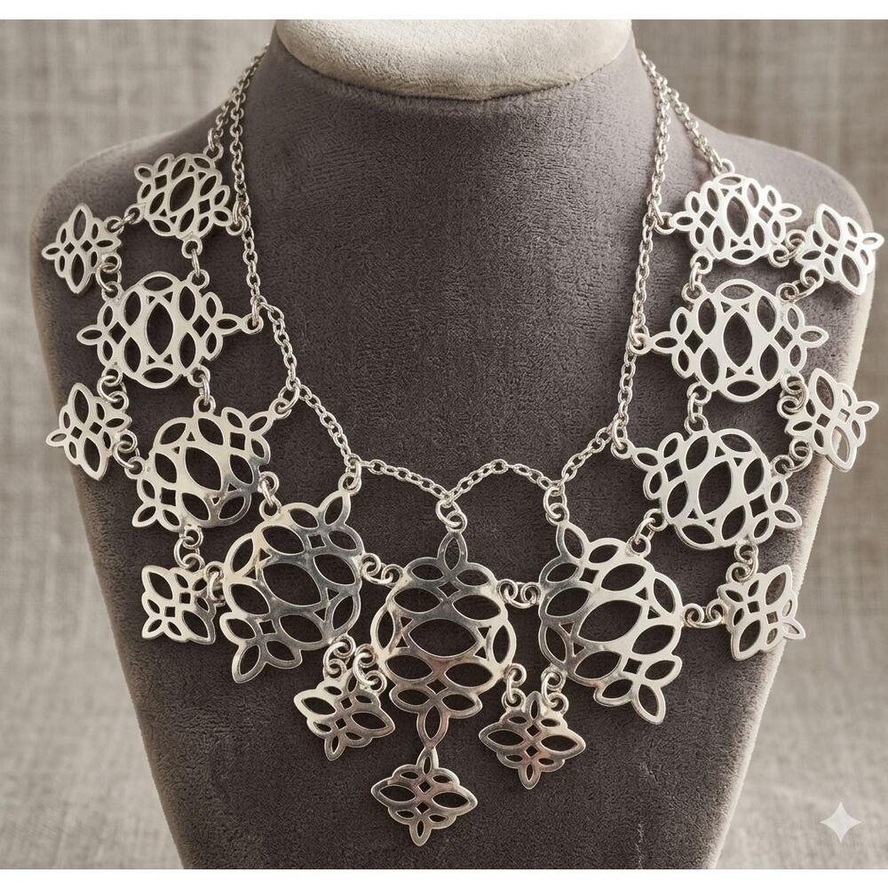 White House Black Market Silver Cutout Bib Necklace 22”